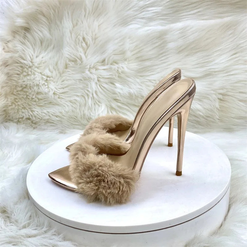 Girls Elegant Sexy Stiletto Furry Slippers Gold Metallic Heels Rabbit Faux Fur Outdoor Summer Private Logo Height Increasing