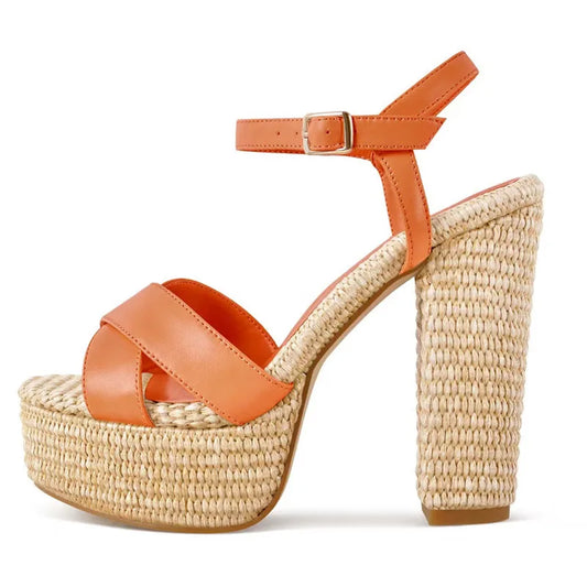 Women High Chunky Heels Fancy Thick Platform Braided Materials Sandals Cross Strap Pumps Big Size 46 Shoes