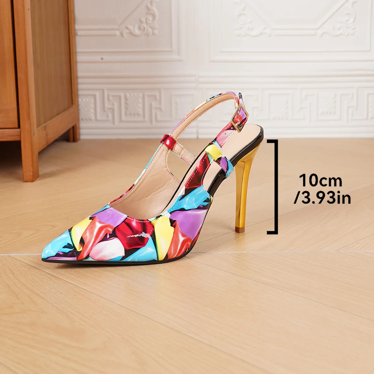Xuanhui Fashion Colorful Abstract Print Slingback Pumps 10cm Gold Stiletto High Heels Pointed Toe Plus Size 35-43 Women Shoes
