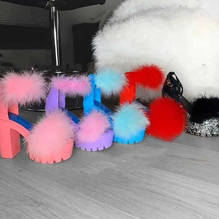 Explosive Women's Sandals 2021 New Fur Buckle with Thick High Heels Waterproof Platform Large Size Women's Sandals