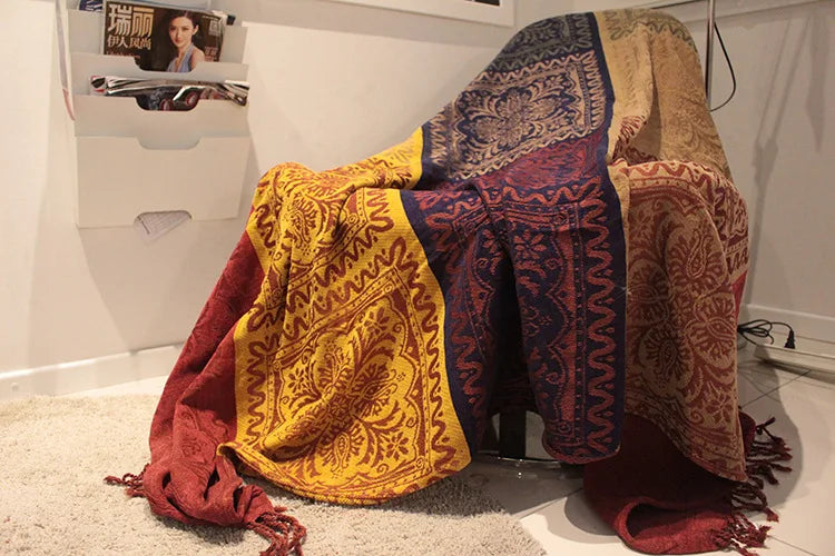Blankets Mediterranean American Chenille Sofa Cushion Colorful Bohemian Chenille Plaids Sofa Large Cobertor Blanket With Tassel
