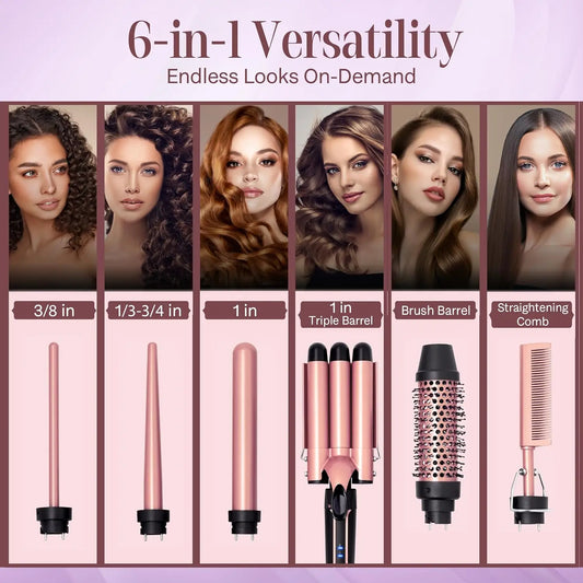 Curling Iron Set 6-in-1 Hair Curler with 3 Barrel Hair Crimper, Hair Straightener - Waver Heating Styling Tools for Women