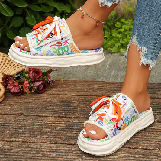 Women Slippers 2024 New Summer Fashion Flats Platform Shoes Casual Lace Up Sandals Designer Flip Flops Zapatos De Mujer Slides