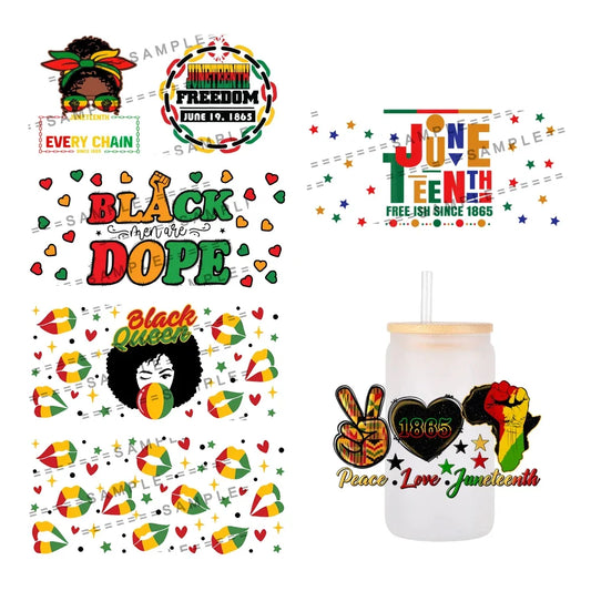 24x11cm Juneteenth 3D UV DTF Wraps Transfer Sticker DIY For 16oz Libbey Glass Cup Waterproof Wrap Transfers Decals Coffee Cup