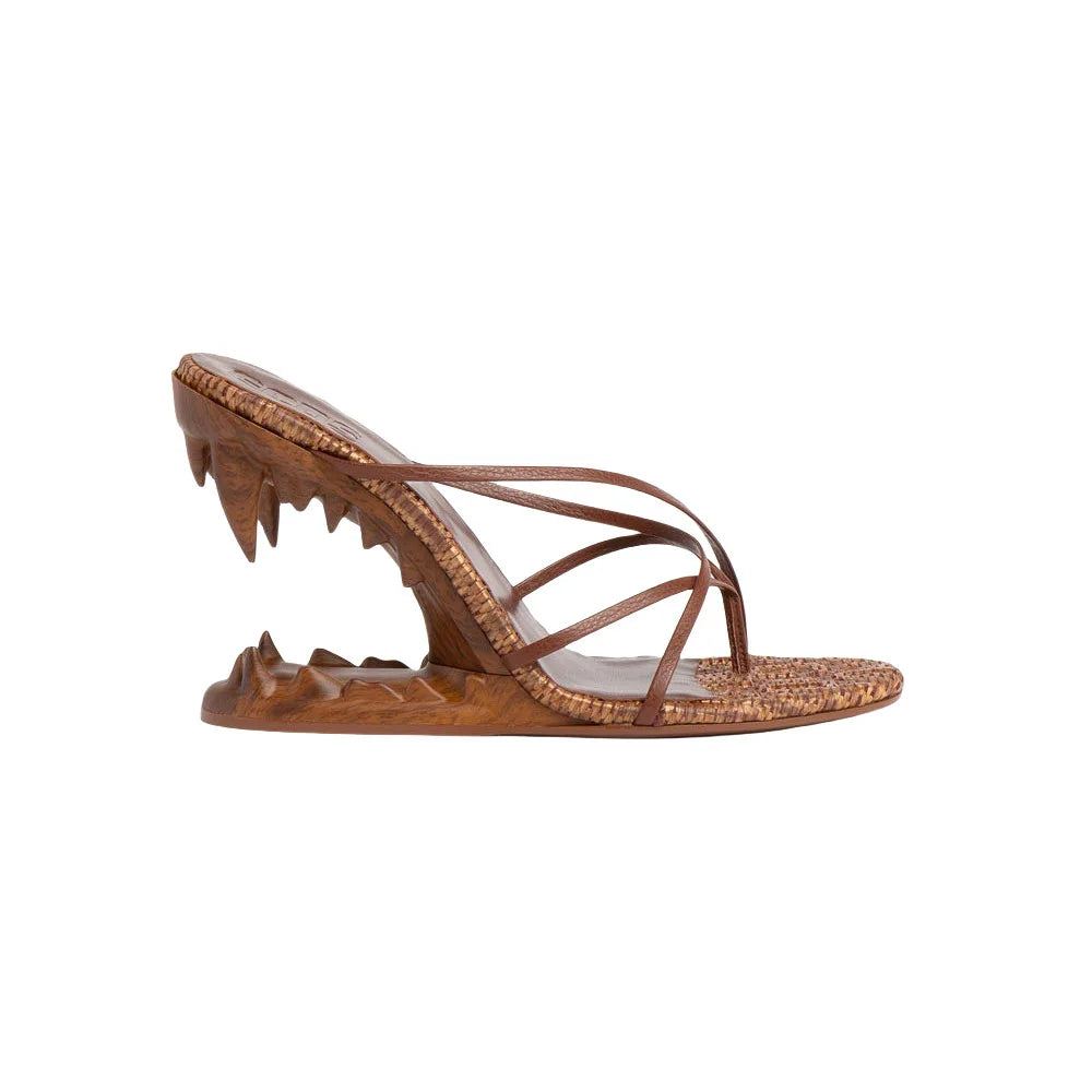Round Toe Clip Toe Hollowed Out tiger Tooth Heel Wedge slippers with New Woven Thin Strap Combination Super High Heel Flip Flops