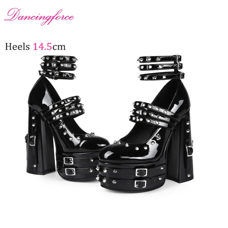 Women's 14.5cm Chunky Heel Platform Pumps Black  Gothic Punk Rivet Buckle Strap Sexy  Stage High Heels