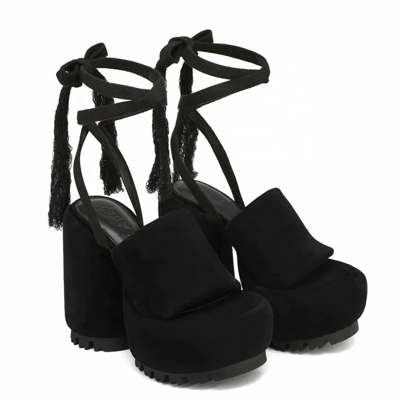 Fringes Ankle Lace up Women High Round Heels Fancy Thick Platform Suede Sandals Open Toe New Design Pumps Shoes