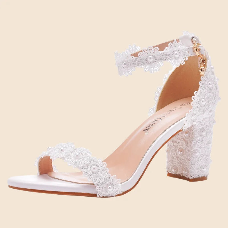 White Lace Bride Wedding Shoes with Thick Heel Beaded Square Peep Toe Comfortable Plus Size Bridal Sandals Rhinestone Decoration