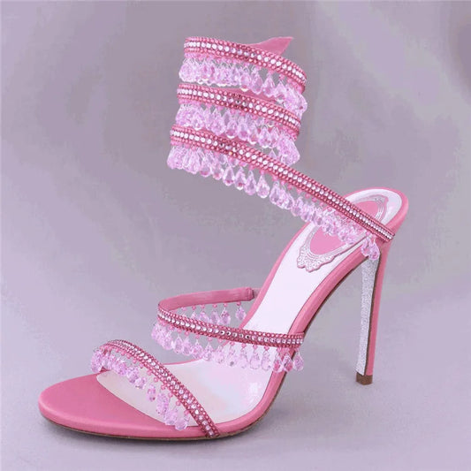 Pink Sandalias De Tacon Open Toe Ankle Wrap Stiletto Fashion 2025  New Spiral Heels