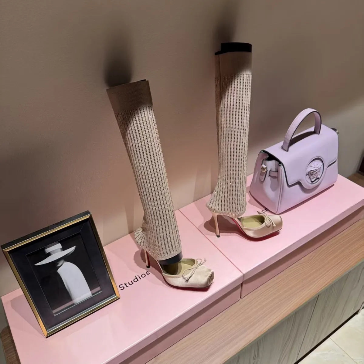 New Arrival  Diamond-knitted Upper  Summer-style  Front Bow-trimmed  Pleated  Elastic  Hollowed-out Sock-like High Heels