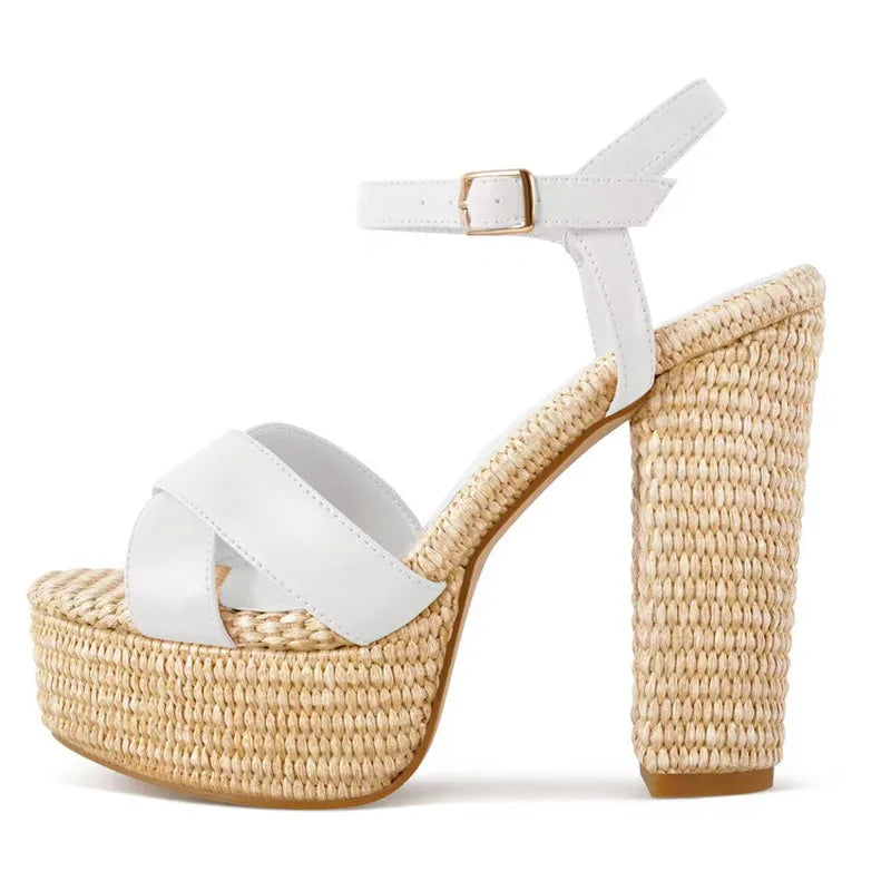 Women High Chunky Heels Fancy Thick Platform Braided Materials Sandals Cross Strap Pumps Big Size 46 Shoes