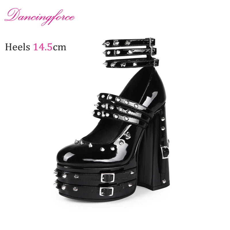 Women's 14.5cm Chunky Heel Platform Pumps Black  Gothic Punk Rivet Buckle Strap Sexy  Stage High Heels