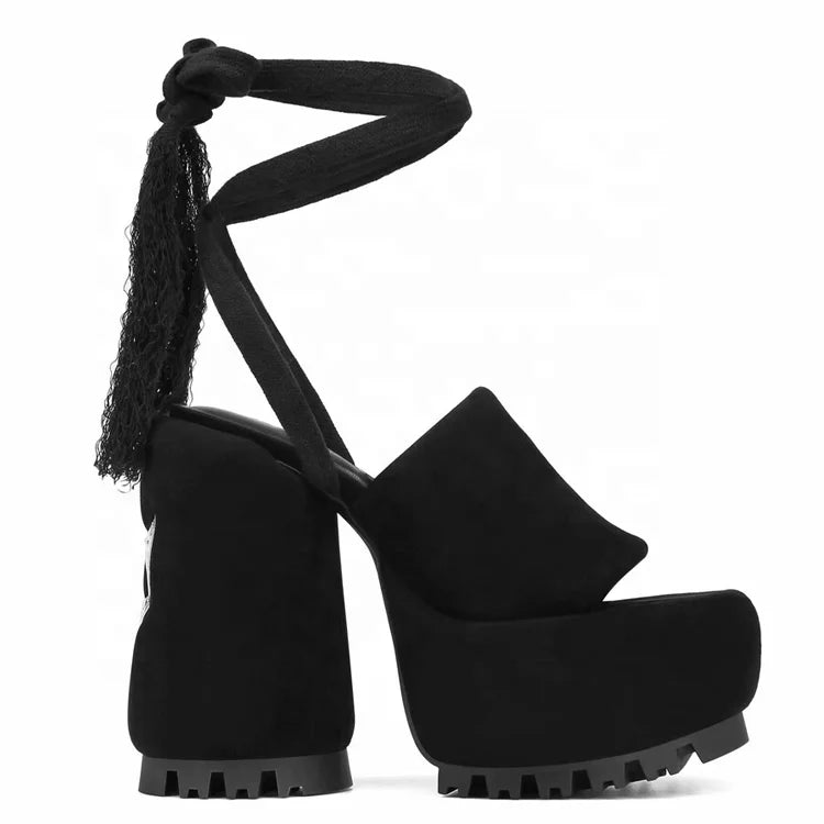 Fringes Ankle Lace up Women High Round Heels Fancy Thick Platform Suede Sandals Open Toe New Design Pumps Shoes