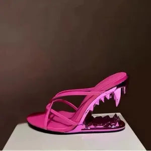 Round Toe Clip Toe Hollowed Out tiger Tooth Heel Wedge slippers with New Woven Thin Strap Combination Super High Heel Flip Flops