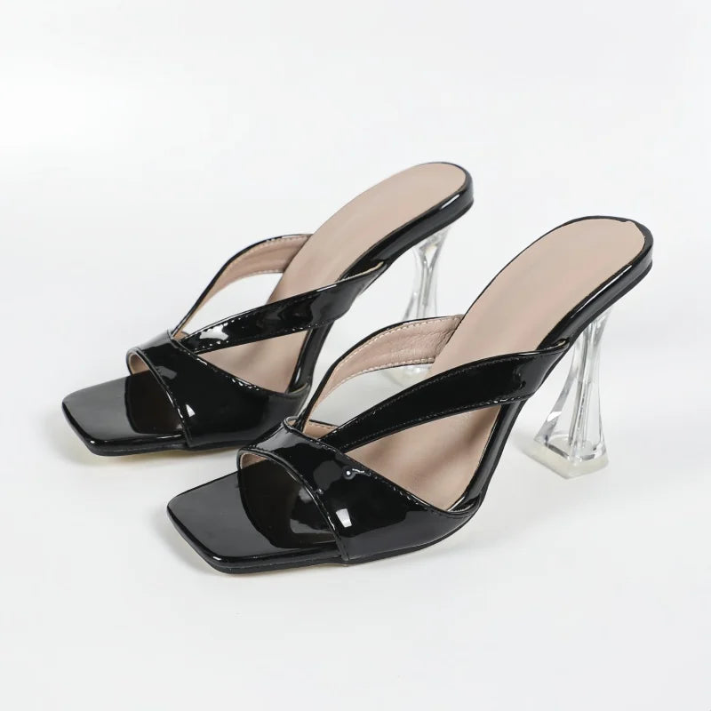 Xuanhui Summer Outdoor Sexy Fashion Square Toe Transparent Heel 9cm Stiletto Heels Sandals Slide Slippers Women Party Shoes