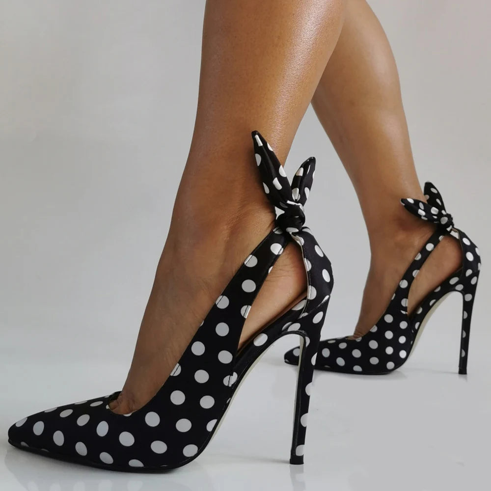 Big Size 47 High Heels Women Dress Back Bow Pumps Side Cut Out Sexy Stiletto Basic Wide Feet Evening Polka Dot Shoes