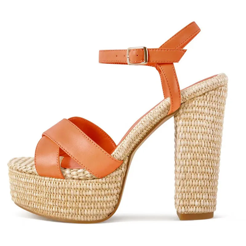 Women High Chunky Heels Fancy Thick Platform Braided Materials Sandals Cross Strap Pumps Big Size 46 Shoes