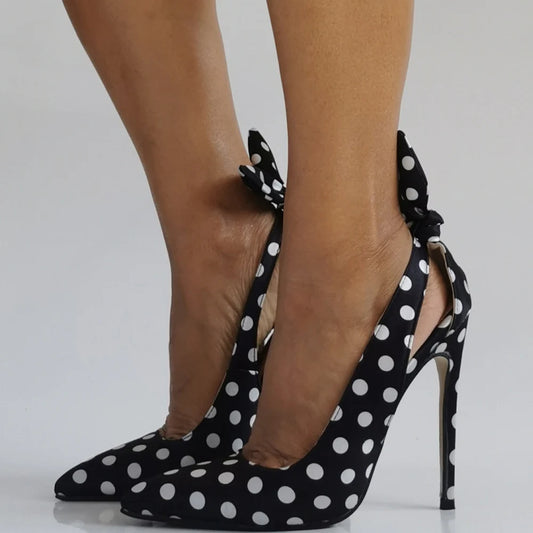 Big Size 47 High Heels Women Dress Back Bow Pumps Side Cut Out Sexy Stiletto Basic Wide Feet Evening Polka Dot Shoes