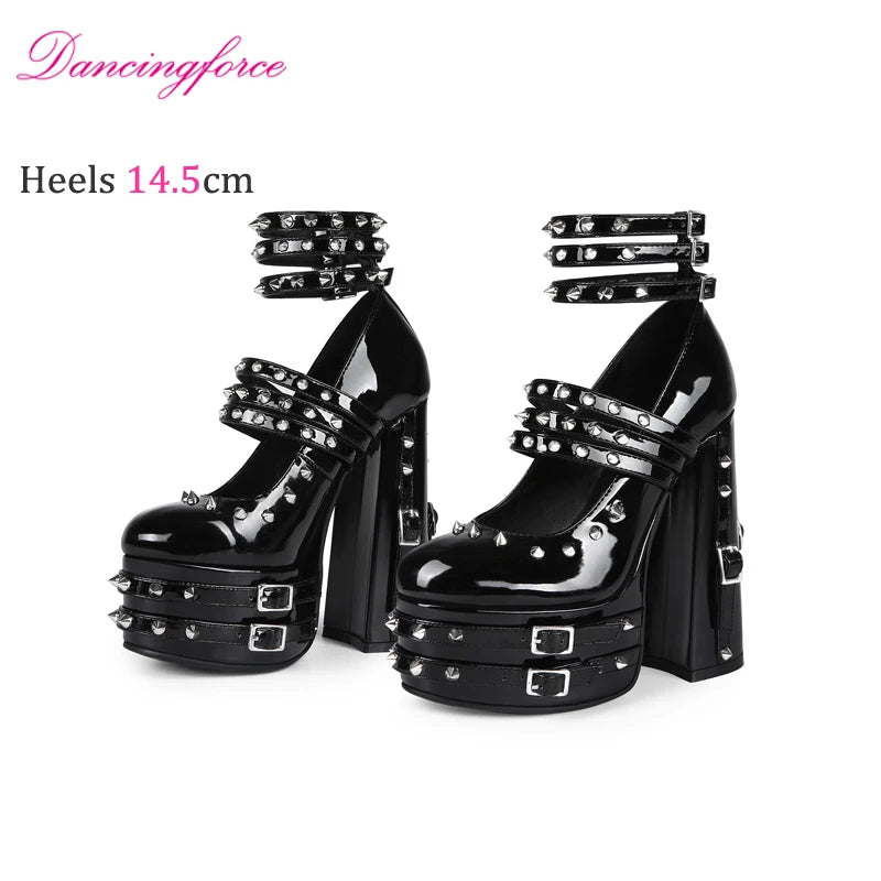 Women's 14.5cm Chunky Heel Platform Pumps Black  Gothic Punk Rivet Buckle Strap Sexy  Stage High Heels