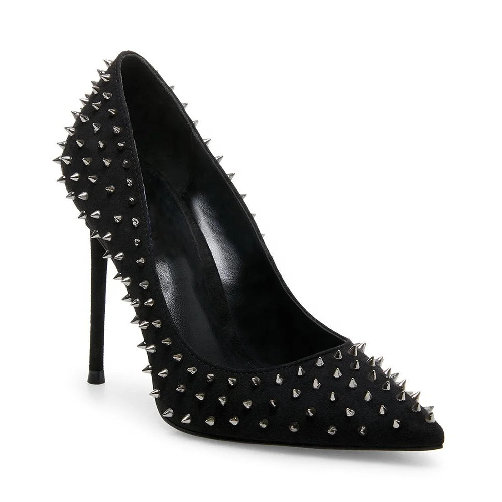 2022 Black Pumps With Studded Upper Stylish High Heels Pointed Toe Stilettos Sexy Party Women Shoes