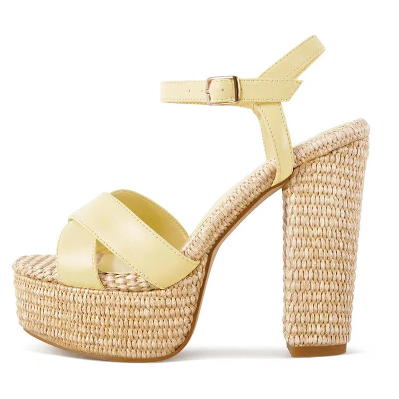 Women High Chunky Heels Fancy Thick Platform Braided Materials Sandals Cross Strap Pumps Big Size 46 Shoes