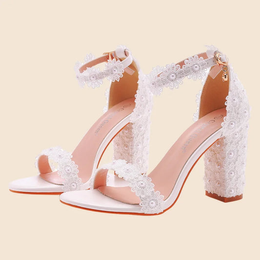 White Lace Bride Wedding Shoes with Thick Heel Beaded Square Peep Toe Comfortable Plus Size Bridal Sandals Rhinestone Decoration