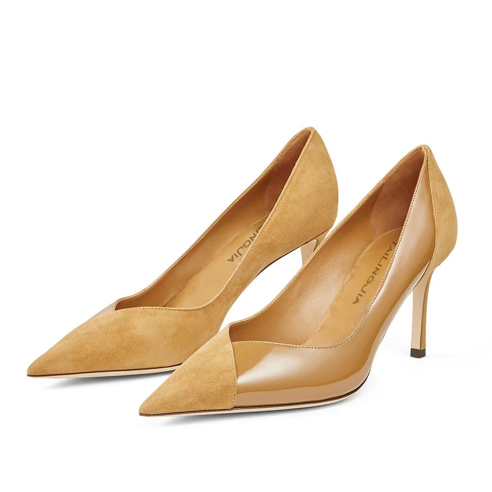 Women's Stitching High Heels Pointed Toe Pumps Mature Daily Fashion Stiletto Elegant All-match Ladies Shoes