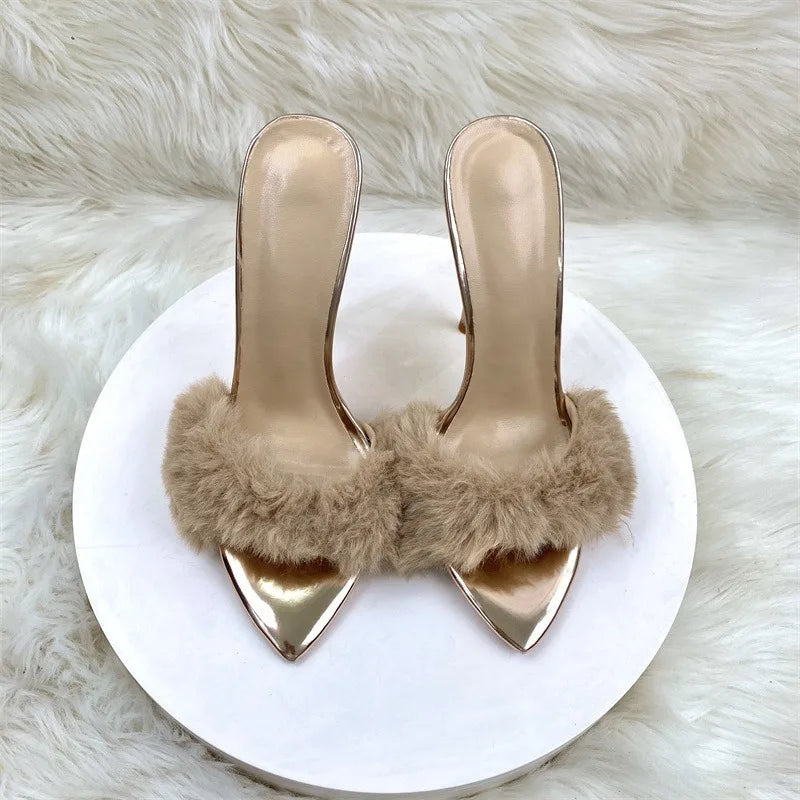 Girls Elegant Sexy Stiletto Furry Slippers Gold Metallic Heels Rabbit Faux Fur Outdoor Summer Private Logo Height Increasing