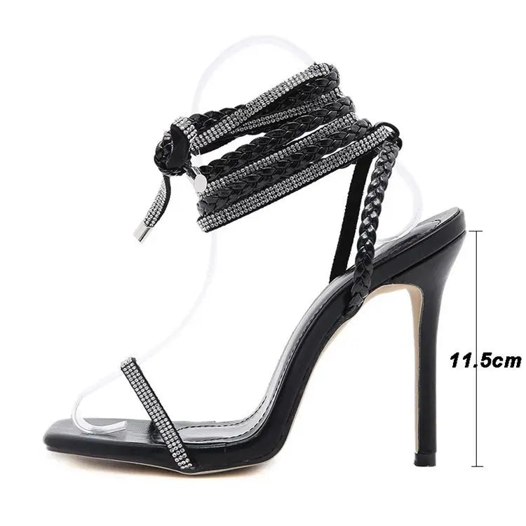 2025 Summer Fashion Stilettos High Heel Lace up Shoes Ladies' Square Toe Rhinestone Braided New Flat Sandals Thick Heel Type