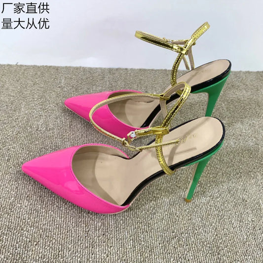 Elegant Vintage Shoes Party Rose Red 2024 Pointed Toe Sandals 12CM/10CM Stiletto High Heels for Ladies