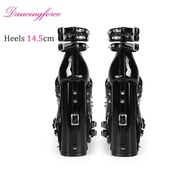 Women's 14.5cm Chunky Heel Platform Pumps Black  Gothic Punk Rivet Buckle Strap Sexy  Stage High Heels