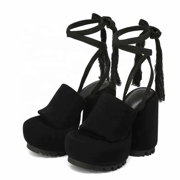 Fringes Ankle Lace up Women High Round Heels Fancy Thick Platform Suede Sandals Open Toe New Design Pumps Shoes