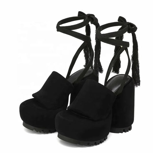 Fringes Ankle Lace up Women High Round Heels Fancy Thick Platform Suede Sandals Open Toe New Design Pumps Shoes