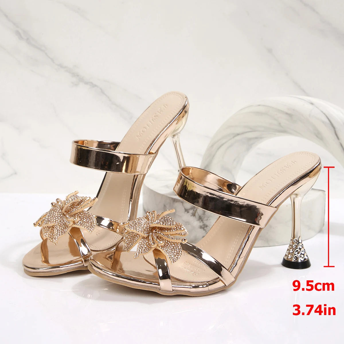 Elegant Champagne Gold Metallic Open Toe Slide Heels Rhinestone Butterfly Decor Stiletto Heel Mules Decorative Formal Vacation