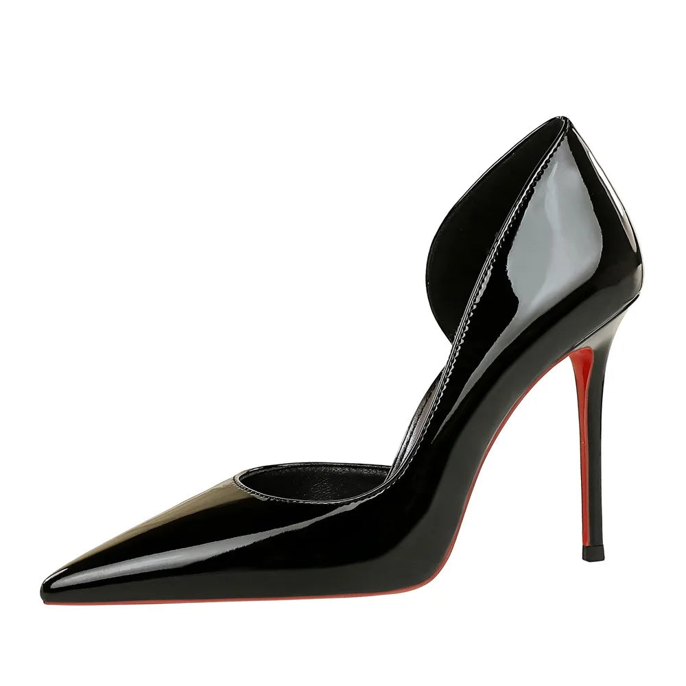 European American Style Fashionable Simple Sexy High Heels Womens Stiletto Patent Leather Glossy Side Elegant Slip-On