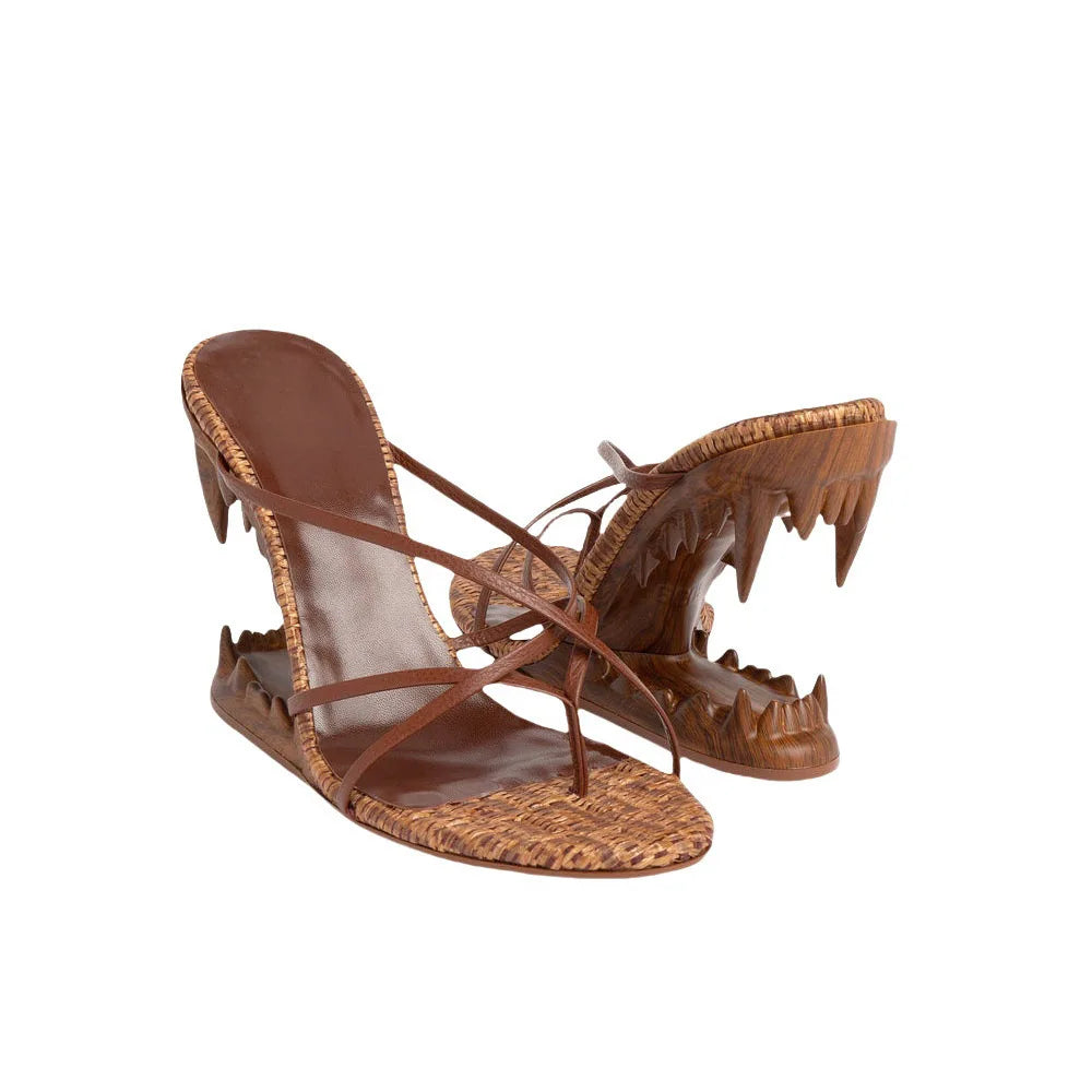 Round Toe Clip Toe Hollowed Out tiger Tooth Heel Wedge slippers with New Woven Thin Strap Combination Super High Heel Flip Flops