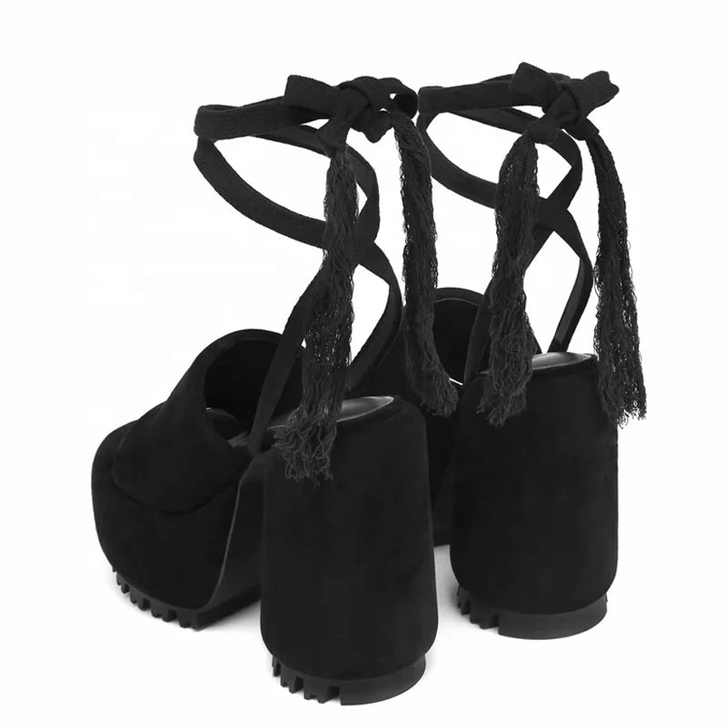 Fringes Ankle Lace up Women High Round Heels Fancy Thick Platform Suede Sandals Open Toe New Design Pumps Shoes