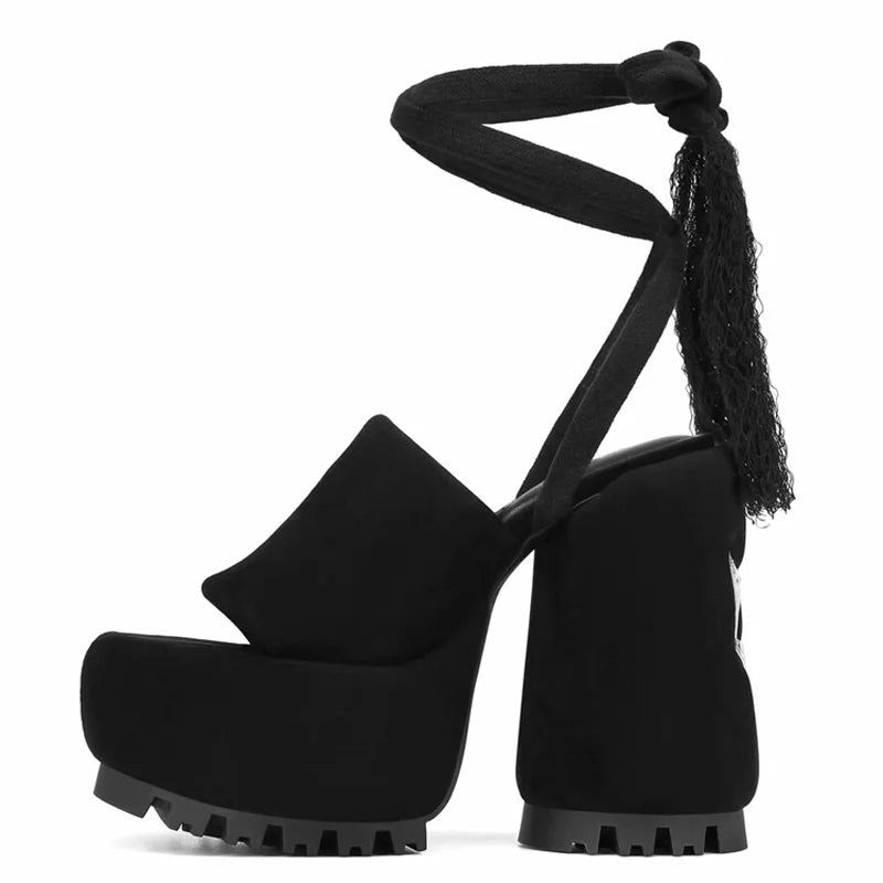 Fringes Ankle Lace up Women High Round Heels Fancy Thick Platform Suede Sandals Open Toe New Design Pumps Shoes