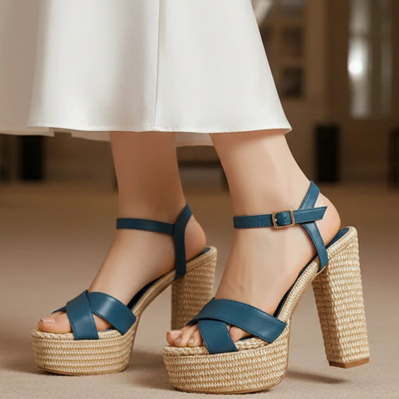 Women High Chunky Heels Fancy Thick Platform Braided Materials Sandals Cross Strap Pumps Big Size 46 Shoes