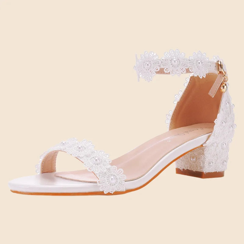 White Lace Bride Wedding Shoes with Thick Heel Beaded Square Peep Toe Comfortable Plus Size Bridal Sandals Rhinestone Decoration