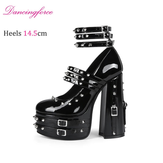 Women's 14.5cm Chunky Heel Platform Pumps Black Gothic Punk Rivet Buckle Strap Sexy Stage High Heels