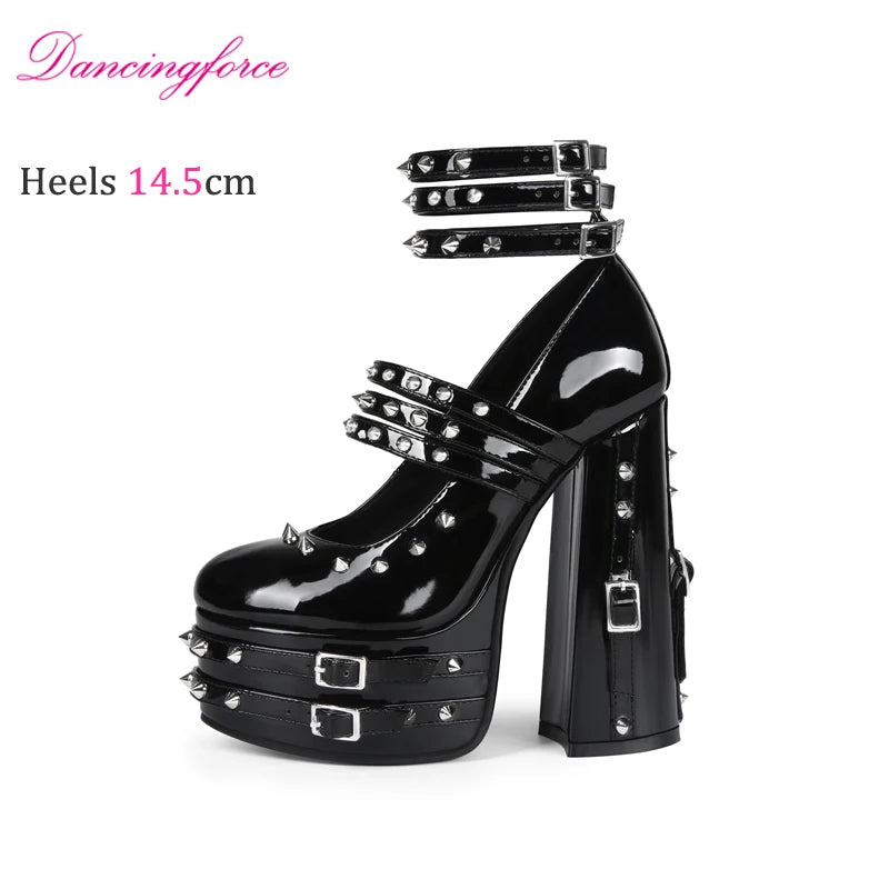 Women's 14.5cm Chunky Heel Platform Pumps Black  Gothic Punk Rivet Buckle Strap Sexy  Stage High Heels