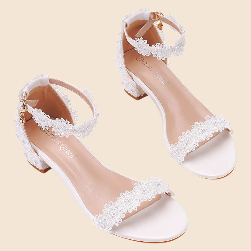 White Lace Bride Wedding Shoes with Thick Heel Beaded Square Peep Toe Comfortable Plus Size Bridal Sandals Rhinestone Decoration