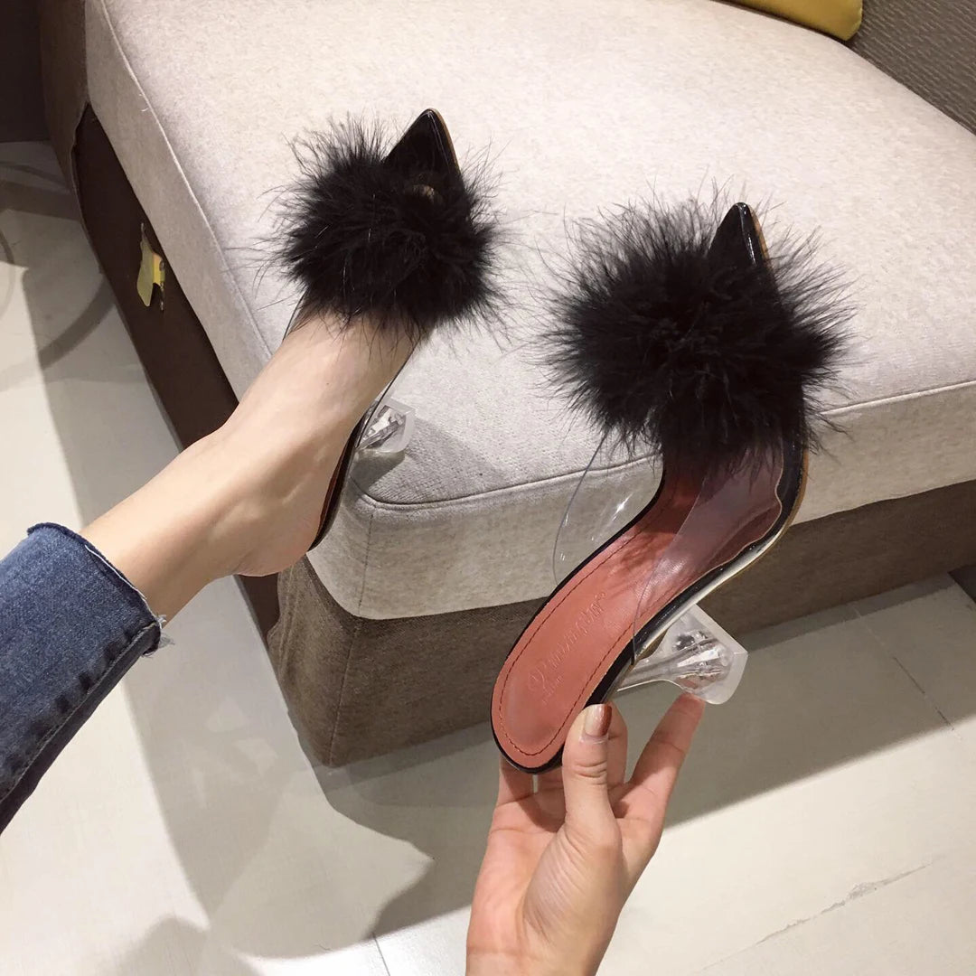 Fashion Fur Upper Slipper Heels  Big Size Sexy Women Shoes High Heels