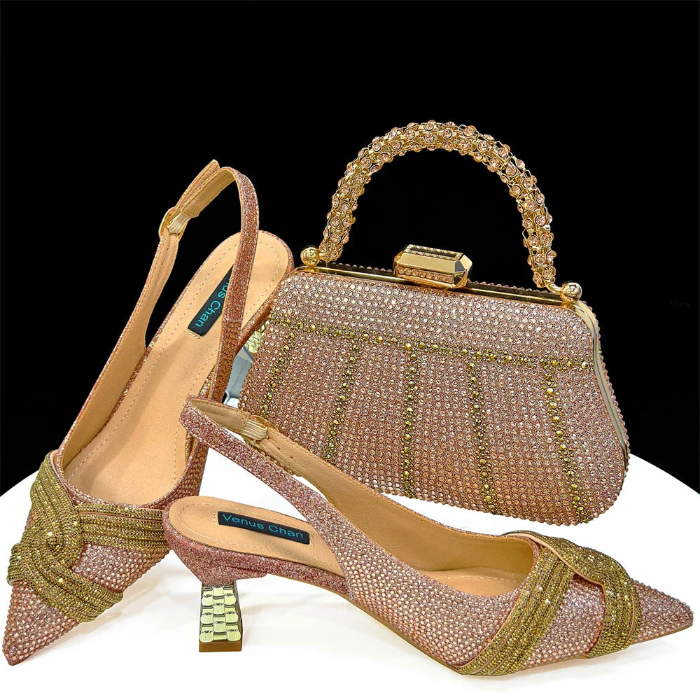 Y 37-42 New Women's Shoes and Bag Set Banquet-style Pointed-toe Cross-chain High Heels with French Trapezoid Bag