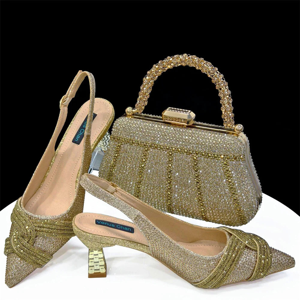Y 37-42 New Women's Shoes and Bag Set Banquet-style Pointed-toe Cross-chain High Heels with French Trapezoid Bag