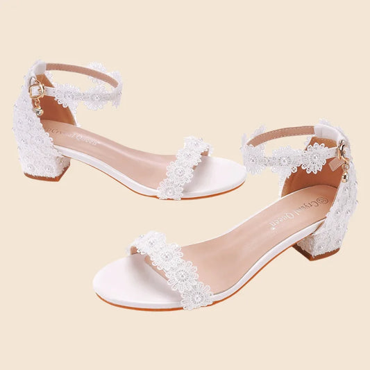 White Lace Bride Wedding Shoes with Thick Heel Beaded Square Peep Toe Comfortable Plus Size Bridal Sandals Rhinestone Decoration