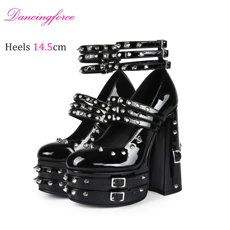 Women's 14.5cm Chunky Heel Platform Pumps Black  Gothic Punk Rivet Buckle Strap Sexy  Stage High Heels