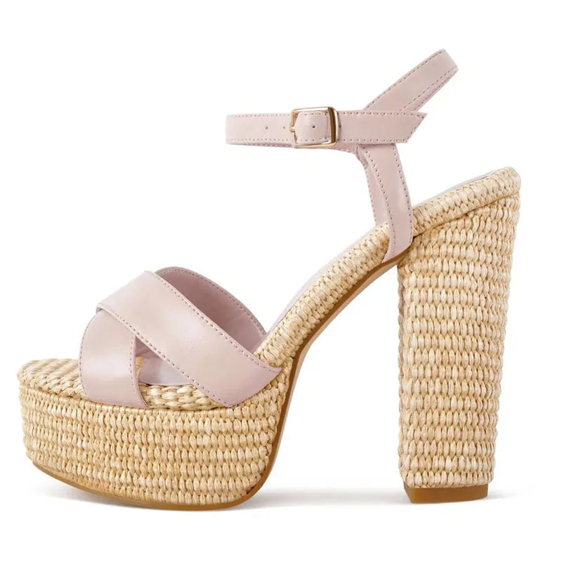 Women High Chunky Heels Fancy Thick Platform Braided Materials Sandals Cross Strap Pumps Big Size 46 Shoes