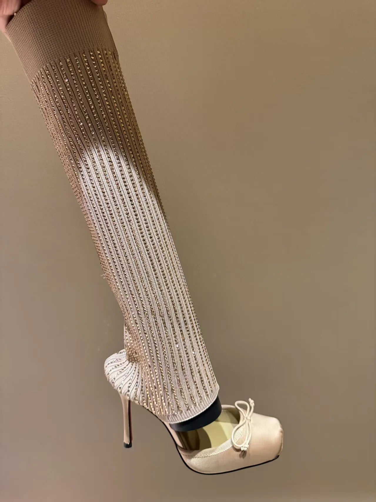 New Arrival  Diamond-knitted Upper  Summer-style  Front Bow-trimmed  Pleated  Elastic  Hollowed-out Sock-like High Heels